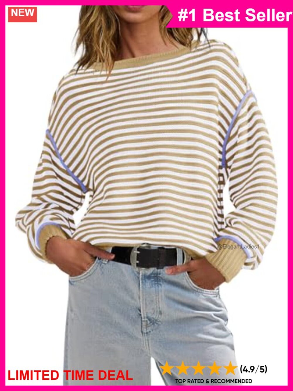 Oversized Striped Cable Knit Sweater Pullover Boat Neck Tunic